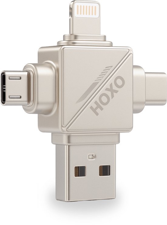 SD Kaart lezer 4 in 1 - Micro SD kaart Lezer - Geschikt voor Lightning - USB C - Micro USB - USB A - Gegevensoverdracht - Geschikt voor Smartphones, Tablets & Computers