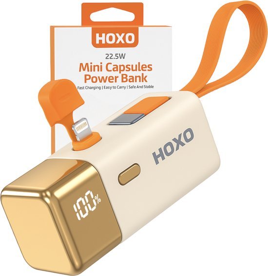 Mini Powerbank 5000 mAh - 22.5W Snellader met Ingebouwde kabel USB C - Geschikt voor Lightning - Oplader voor Smartphone, Oortjes & Tablets - Noodpakket